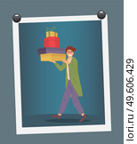 Illustration of man with gift boxes in his hands. Young handsome fashion shopper guy on the photo buys presents. Sale advertising. Male character with boxes posing for a photo shoot in the store. Illustration of a man with gift boxes in his hands. Young shopper guy on the photo buys presents. Стоковая иллюстрация, агентство Ingram Publishing / Фотобанк Лори