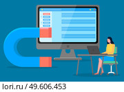 Attracting customers and clients to business, businesswoman sitting with laptop at the desk near big magnet, develops a marketing plan for customer growth. Vector business concept in flat style. Attracting customers and clients to business, businesswoman sitting with laptop at a big magnet. Стоковая иллюстрация, агентство Ingram Publishing / Фотобанк Лори