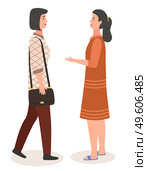 Speaking woman flat illustration. Two women met and stand talking. Girlfriends saw each other and discuss events, tell about what happened. Happy smiling female characters has a conversation. Speaking woman. Girlfriends saw each other and discuss events, tell each other about what happened. Стоковая иллюстрация, агентство Ingram Publishing / Фотобанк Лори