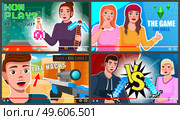 Man and girl professional gamers tell about computer games and news. Young blogger creating content about his hobby and posting it on social media. Screensaver of online video tutorial scenes set. Man and girl professional gamers tell about computer games. Screensaver of video tutorial set. Стоковая иллюстрация, агентство Ingram Publishing / Фотобанк Лори