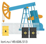 Oil industry equipment, Pumpjack and oil barrels, Overground drive for a reciprocating piston pump in an oil well. Working pumps and drilling rig, Combustible material container vector Illustration. Oil industry equipment, Pumpjack and oil barrels, Overground drive for a reciprocating piston pump. Стоковая иллюстрация, агентство Ingram Publishing / Фотобанк Лори