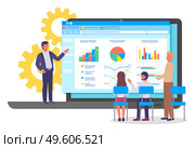 Man and woman employees cooperating and discussing business graph report on big laptop. Business workers standing near screen and looking at statistics diagrams and charts. People teamwork strategy. Man and woman employees cooperating and discussing business graph and diagram report on big laptop. Стоковая иллюстрация, агентство Ingram Publishing / Фотобанк Лори