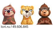 Sloth, leopard, monkey cartoon characters. Cute animals 3d vector art illustration. Стоковая иллюстрация, агентство Ingram Publishing / Фотобанк Лори