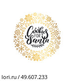Cookies for Santa lettering doodle with wintertime branch and snowflakes. Sweets confectionery for Claus or Saint Nicolas vector decorative wreath. Cookies for Santa Lettering Doodle Winter Branch. Стоковая иллюстрация, агентство Ingram Publishing / Фотобанк Лори