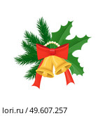 Christmas card with coniferous branches and leaves. Decoration twigs with gold big bells and chaplet with red bow. Icon in realistic style vector isolated. Coniferous Branches and Leaves with Bells Vector. Стоковая иллюстрация, агентство Ingram Publishing / Фотобанк Лори