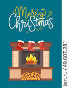 Merry Christmas lettering, brick fireplace with logs in hearth vector. Fire with burning wood, furniture interior decorated by Santa socks stockings. Merry Christmas Lettering, Brick Fireplace, Socks. Стоковая иллюстрация, агентство Ingram Publishing / Фотобанк Лори
