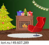 Fireplace decorated for Christmas holidays house interior vector. Room with garlands and presents, armchair and carpet on floor, burning wooden logs. Fireplace Decorated for Christmas Holidays House. Стоковая иллюстрация, агентство Ingram Publishing / Фотобанк Лори