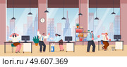 Chaos in office. Unorganized office workers in panic. People stressing from paper work, solving difficulties, problems. Boss shouting at employees. Workers and failure deadline. Furious day in office. Chaos in office, unorganized office workers in panic, people stressing, solving difficulties. Стоковая иллюстрация, агентство Ingram Publishing / Фотобанк Лори