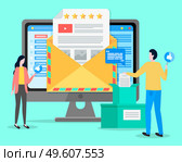 Feedback to users customers of website, analysing consumer demands, rating stars, increase popularity of social network, young man with like sign, boxes with postal letters, analysing consumer demands. Feedback to users customers of website, analysing consumer demands, rating stars increase popularity. Стоковая иллюстрация, агентство Ingram Publishing / Фотобанк Лори