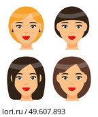 Set of women types of haircuts or hairstyles. Brunette girl with short hair and forelock. Brown-haired female with long hair. Cute brown-haired bob haircut. Pretty blonde woman with elegance ponytail. Set of women with different haircuts or hairstyles, cartoon character heads, beautiful female faces. Стоковая иллюстрация, агентство Ingram Publishing / Фотобанк Лори