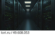 Data center corridor with illuminated server racks in dark environment. Стоковое AI-видео, аниматор KATERINA AI / Фотобанк Лори