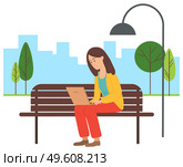 Young woman sitting on a bench in city park and correspondence surfing the Internet. Girl communicating through network on the laptop. Social media network communication digital gadget addiction. Young woman sitting on a bench in city park with laptop and correspondence surfing the Internet. Стоковая иллюстрация, агентство Ingram Publishing / Фотобанк Лори