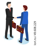 Businessmen shaking hands vector flat illustration. Two men in suits with a briefcase in hand greet, business meeting concept. Good deal, conclusion of an agreement on trade business relation. Businessmen shaking hands vector flat illustration. Two men in suits greet, business meeting concept. Стоковая иллюстрация, агентство Ingram Publishing / Фотобанк Лори