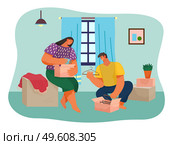Happy cheerful couple man and woman moving in together in a new house apartment home, unpack cardboard boxes with things dishes and hangers. Young family packing their stuff in boxes before leaving. Happy cheerful couple man and woman moving in together in a new house apartment home, unpack boxes. Стоковая иллюстрация, агентство Ingram Publishing / Фотобанк Лори