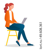 Woman sitting on the stool and working with laptop in social networks isolated on white. Redheaded female character on the chair in casual clothes holding computer on her knees typing on the keyboard. Woman sitting on the stool and working with laptop in social networks holding computer on her knees. Стоковая иллюстрация, агентство Ingram Publishing / Фотобанк Лори