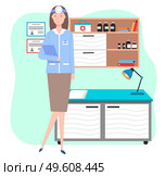 Veterinary care. Veterinarian doctor female character in the medical office. Medic in a medical room with special equipment, ENT doctor with frontal reflector. Smiling girl in veterinarian clothe. Veterinary care flat illustration. Veterinarian doctor female character in the medical office. Стоковая иллюстрация, агентство Ingram Publishing / Фотобанк Лори