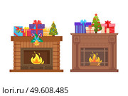 Fireplace fire in furnace decorated with presents vector. Isolated icons set, Christmas decor present and small pine tree decoration gifts in wrappings. Fireplace Fire in Furnace Decorated with Presents. Стоковая иллюстрация, агентство Ingram Publishing / Фотобанк Лори