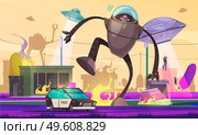 Alien ufo composition with outdoor view of city under extraterrestrial invasion with burning cars walking cyborg vector illustration. Walking Alien Apocalypse Composition. Стоковая иллюстрация, агентство Ingram Publishing / Фотобанк Лори