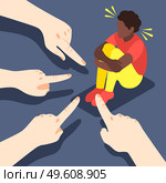 Discrimination isometric background with human fingers pointing to faceless character of african american person with shadows vector illustration. Blacks Discrimination Isometric Composition. Стоковая иллюстрация, агентство Ingram Publishing / Фотобанк Лори