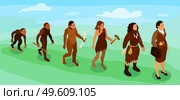 Women career evolution isometric banner with female cartoon characters from prehistoric ancestor to businesswoman vector illustration. Women Evolution Isometric Banner. Стоковая иллюстрация, агентство Ingram Publishing / Фотобанк Лори