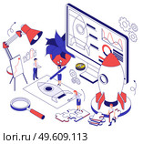 Business startup isometric vector illustration in thin lines with team of creative persons working on new project. Business Startup Isometric Illustration. Стоковая иллюстрация, агентство Ingram Publishing / Фотобанк Лори