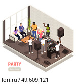 Corporate dj entertaining team building party isometric interior composition with music equipment talking dancing people vector illustration. DJ Party Isometric View. Стоковая иллюстрация, агентство Ingram Publishing / Фотобанк Лори