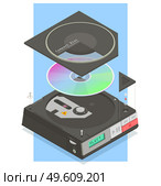 Retro devices isometric composition with profile view of compact disc player with spinning disk and lid vector illustration. Vintage CD Player Composition. Стоковая иллюстрация, агентство Ingram Publishing / Фотобанк Лори