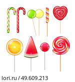 Candies lollypops various tastes shapes assorted flavors realistic set with striped swirl heart cane ball vector illustration. Candies Lollypops Realistic Set. Стоковая иллюстрация, агентство Ingram Publishing / Фотобанк Лори