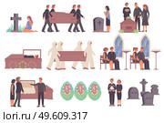 Funeral services set with flat icons and isolated images of graves burial wreath and human characters vector illustration. Funeral Services Icon Set. Стоковая иллюстрация, агентство Ingram Publishing / Фотобанк Лори