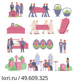 Funeral set of isolated icons with images of wreath eternity box and graves with human characters vector illustration. Funeral Flat Icons Collection. Стоковая иллюстрация, агентство Ingram Publishing / Фотобанк Лори