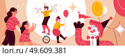 Circus funfair composition with characters of mother and daughter visiting festival with balloons and clowns equilibrists vector illustration. Circus Clowns Funfair Composition. Стоковая иллюстрация, агентство Ingram Publishing / Фотобанк Лори