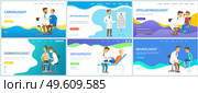 Set of illustrations on the theme of medical website page. Application for communicating with doctors. Paid program for patients. Online treatment and consultations with leading specialists. Set of illustrations on the theme of medical website page. Application for communicating with doctor. Стоковая иллюстрация, агентство Ingram Publishing / Фотобанк Лори