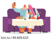 Two women friends wearing hijabs taking selfie together at phone. Arab women sitting at sofa in cafe or restaurant, drinking lemonade, eating cupcake. People spend leisure time. Isolated characters. Two women friends wearing hijabs taking selfie together at phone, arab women sitting at sofa in cafe. Стоковая иллюстрация, агентство Ingram Publishing / Фотобанк Лори
