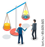Men, back view, standing near huge conceptual scales, one bowl with dollar coins and the second bowl with symbolic light bulb. Weighing, comparison, decision making. Hesitating, insecurity. Flat image. Isometric image of huge scales, bowl with dollars and symbolic light bulb. Weighing, decision making. Стоковая иллюстрация, агентство Ingram Publishing / Фотобанк Лори