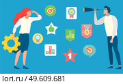 People standing near icons which symbolize success, superiority and leadership. Man with magnifying glass and woman with gear wheel. Vector illustration. People Stand near Icons with Magnifying Glass. Стоковая иллюстрация, агентство Ingram Publishing / Фотобанк Лори