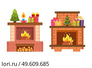Fireplaces with decorative pine model on shelf vector. Isolated icons celebration of Christmas holiday, giftboxes with ribbons and boxes candle decor. Fireplaces with Decorative Pine Model on Shelf. Стоковая иллюстрация, агентство Ingram Publishing / Фотобанк Лори