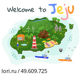 Jeju travel map. Fun in uninhabited territory. Beach resort on the island. People are resting and having fun abroad. Tourists swim and sunbathe. Postcard for advertising tourist island Jeju. Jeju island travel map. Fun in uninhabited territory. Main attractions of the south korean resort. Стоковая иллюстрация, агентство Ingram Publishing / Фотобанк Лори