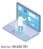 Doctor consults patient with fever online using laptop. Remote medical care. Therapist uses headphones to remotely advise medications for ill health. Chat with doctor to prevent disease progression. Remote medical consultation using laptop with doctor about feeling unwell. Online Medical Assistance. Стоковая иллюстрация, агентство Ingram Publishing / Фотобанк Лори