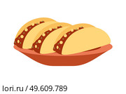 Template for mexican cafe or restaurant. Mexican cuisine dishes flat vector illustration. Demonstration of serving tacos. Large clay plate of tortillas with meat filling isolated on white background. Mexican cuisine dishes vector illustration. Local food emblem. Demonstration of serving tacos. Стоковая иллюстрация, агентство Ingram Publishing / Фотобанк Лори