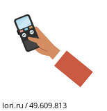 Hand holding a voice recorder vector illustration. Correspondent interviews with special equipment. Man holds a device for recording a guest words. Black dictaphone isolated on white background. Hand holding a voice recorder vector illustration. Correspondent interviews with special device. Стоковая иллюстрация, агентство Ingram Publishing / Фотобанк Лори