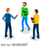 Businesspeople characters holding folder. Man colleagues, teamwork cooperation, group of people speaking, communicating. Full length view of male workers discussing, employee meeting vector design. Businesspeople characters with folder. Man colleagues, teamwork cooperation group of people speaking. Стоковая иллюстрация, агентство Ingram Publishing / Фотобанк Лори