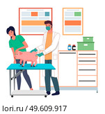A veterinarian with a syringe injects a pig. Vaccination of pets in the veterinary clinic. Domestic animals treatment concept. Veterinary professional consultation. The assistant holds the pig s snout. A veterinarian with a syringe injects a pig. Vaccination of pets in the veterinary clinic. Стоковая иллюстрация, агентство Ingram Publishing / Фотобанк Лори