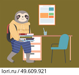 Funny cartoon animal student. A sloth schoolboy in uniform standing with a books and a backpack. Back to the school concept. Active pupil walks with textbooks in hands and spend time in the class. Funny cartoon animal student. A sloth schoolboy in uniform standing with a books and a backpack. Стоковая иллюстрация, агентство Ingram Publishing / Фотобанк Лори