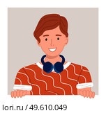Cute man or young guy cartoon character with headphones worn around the neck. Smiling man character peek out the window, peeping. Music application and sound gadgets. Happy curious looking male. Cute man or young guy cartoon character with headphones worn around neck, flat vector illustration. Стоковая иллюстрация, агентство Ingram Publishing / Фотобанк Лори