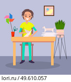 Little boy makes figurines from paper, origami, hobbies. Shape of bird, windmill stack. Man character making applique from paper. Creating art. Cutout hobby. Flat vector image, colorful background. The boy makes paper figures. The art of origami. Creative hobby. Stay home. Flat vector image. Стоковая иллюстрация, агентство Ingram Publishing / Фотобанк Лори
