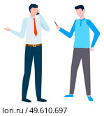 Man talking on phone vector, isolated businessman having online conference with partner. Worker with smartphone chatting with colleague flat style. Businessman and Worker Using Phones Smartphones. Стоковая иллюстрация, агентство Ingram Publishing / Фотобанк Лори