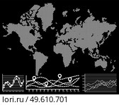 Dotted white World map on dark background. Gray pixel map of the Earth. Roads and ways for guidebooks with marks. Town marks and national borders in separate layers. Unfolded planet isolated on black. Dotted white World map isolated on black background. Roads and ways for guidebooks with marks. Стоковая иллюстрация, агентство Ingram Publishing / Фотобанк Лори