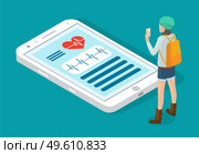 Woman is standing next to the phone, patient keeps in touch with the doctor. Health and medical consultation application on smartphone. Mobile medicine. Online advices with doctor and medical app. Woman is standing next to the phone, patient keeps in touch with the doctor, medical application on smartphone. Стоковая иллюстрация, агентство Ingram Publishing / Фотобанк Лори