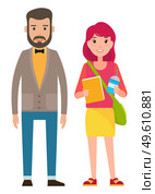 Man with beard and bow tie and cute young girl. Man standing near woman holding book and glass with a drink. Family characters father and daughter. Adult man and smiling girl student. Married couple. Man with beard and cute young girl. Man standing near woman holding book and glass with a drink. Стоковая иллюстрация, агентство Ingram Publishing / Фотобанк Лори