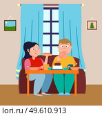 Married couple sitting on the couch and eating delicious hot dogs, cake, pastries, fried chicken, drink drinks. Overeat while at home. Gluttony. Stay home and do your favorite things. Flat image. Married couple at home, sitting on the couch and eating a lot of delicious food. Flat vector image. Стоковая иллюстрация, агентство Ingram Publishing / Фотобанк Лори